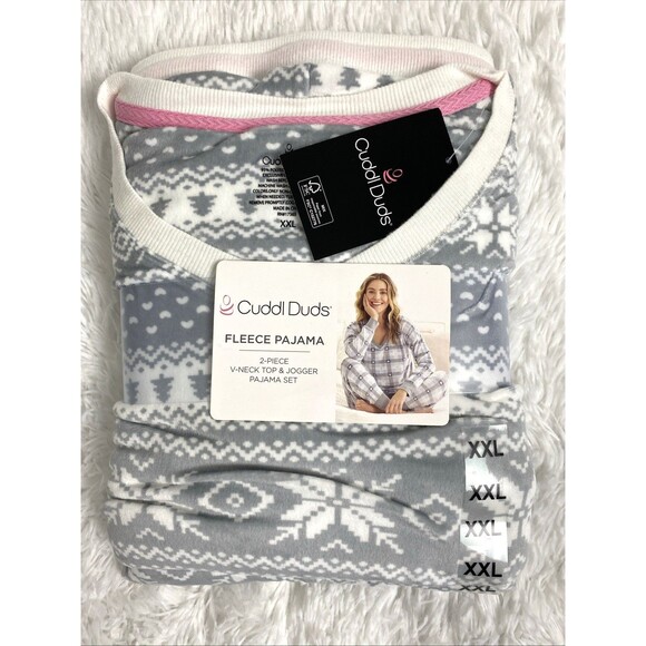 Cuddl Duds Fleece Pajama Set Women Size 2XL V Neck Long Sleeves Gray Snowflake - Picture 1 of 7